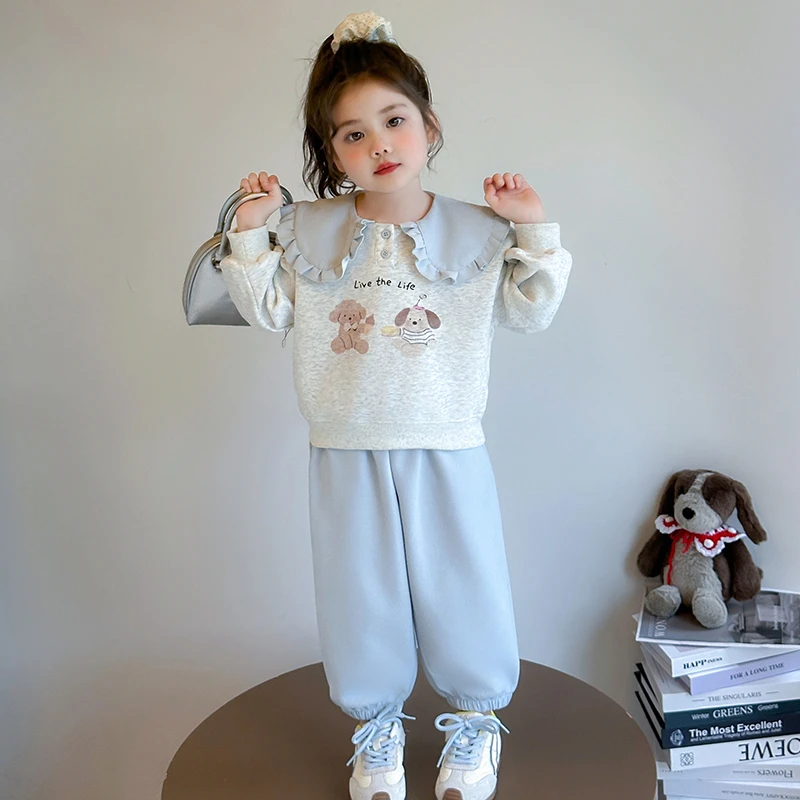 女童2025新款儿童秋季时尚百搭娃娃领套装中小童印花小狗卫衣套装