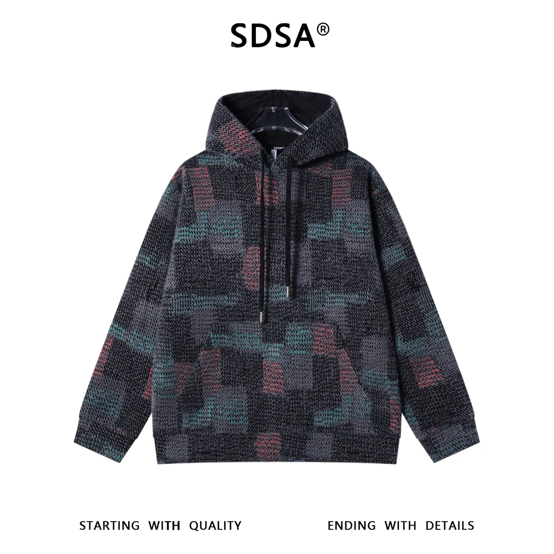 SDSA男士秋冬新款痞帅男装简约撞色不规则色块抽绳连帽卫衣百搭