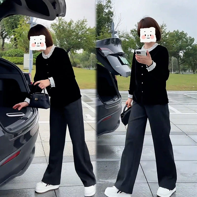 2025秋季新款设计感慵懒轻熟风单排扣长袖开衫女搭配休闲裤两件套