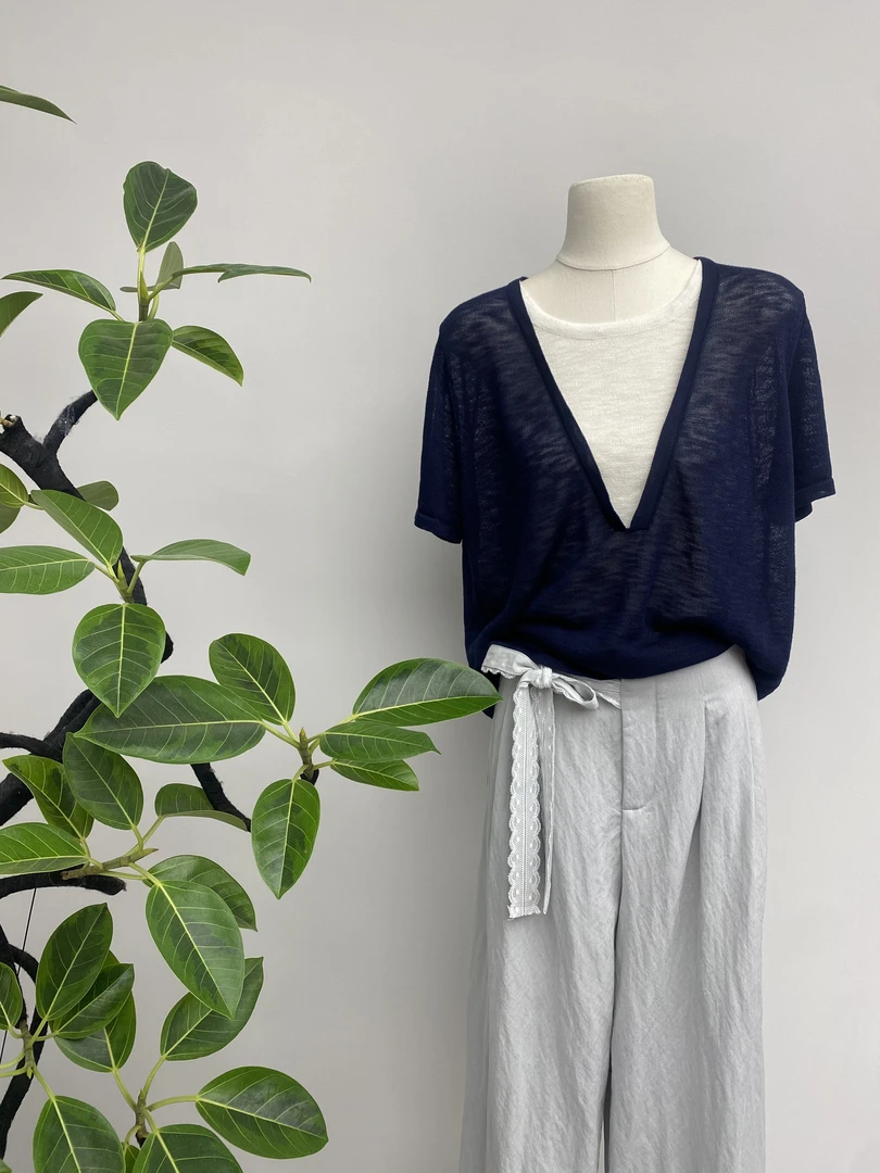 夏季拼接撞色亚麻针织衫休闲欧美风短袖上衣针织衫