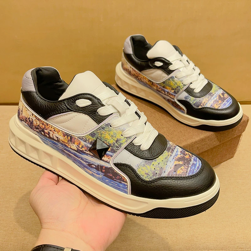 SCAVIOLA欧美图腾印花休闲板鞋男生秋季时尚国潮潮牌帅气运动鞋子