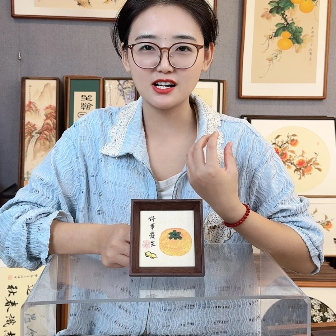 国画纯手绘，纯手写带框尺寸：12×12厘米