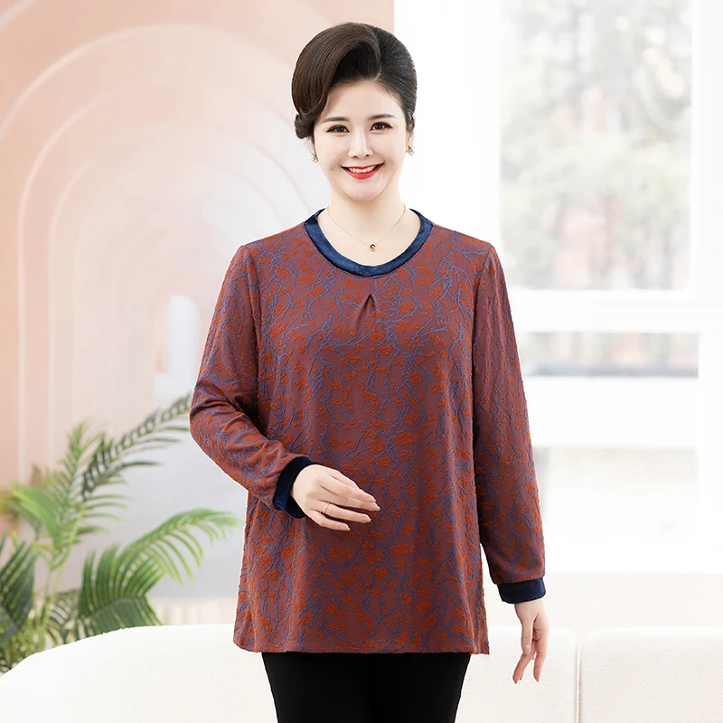 230斤特大码春秋长袖妈妈T恤中年秋冬洋气圆领打底衫宽松遮肚子