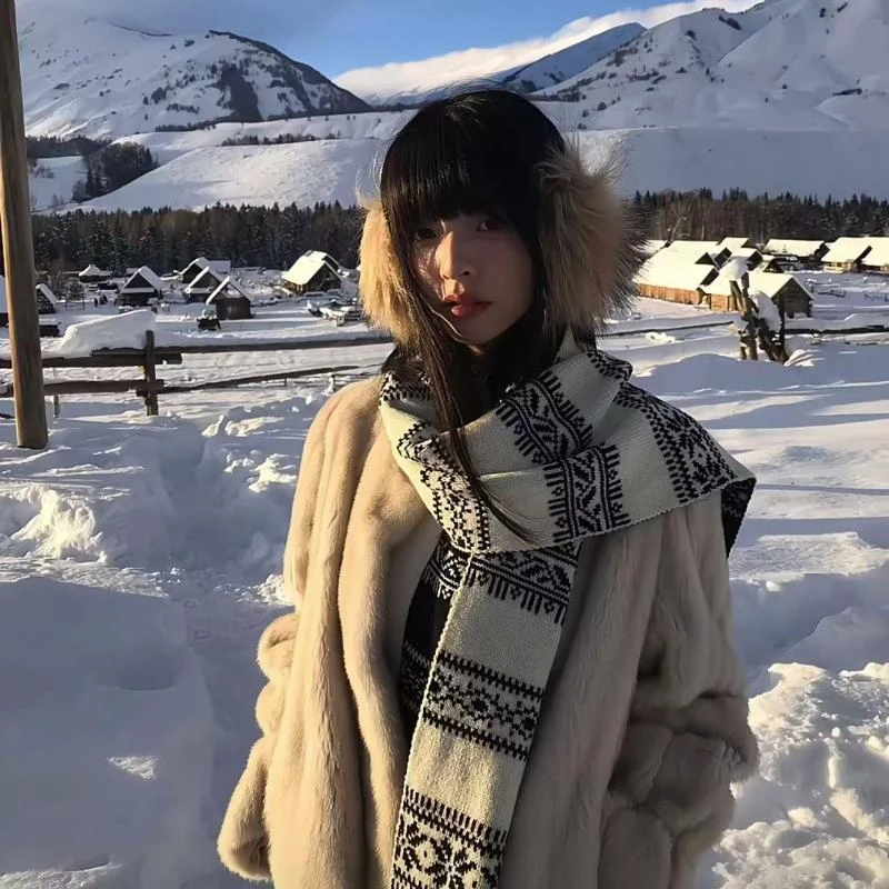 两面戴费尔岛风黑白双色提花围巾针织披肩围脖保暖秋冬季雪地拍照