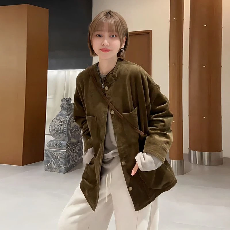 通勤女复古休闲显瘦秋季新款宽松灯芯绒立领短外套休闲ins带内衬