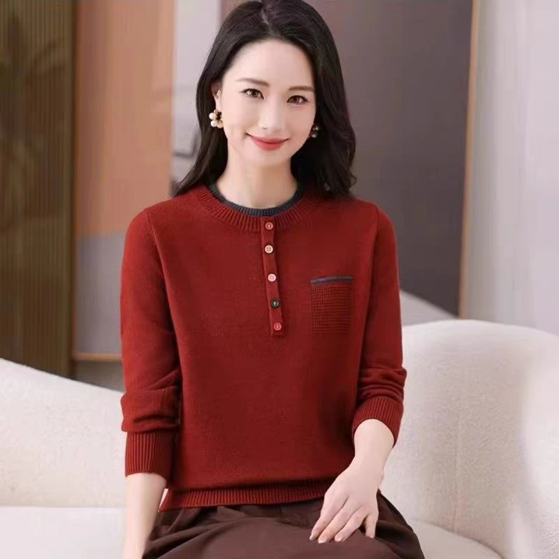 【ZW】2025新款春秋假两件假口袋时尚针织打底衫女洋气内搭女装毛衣