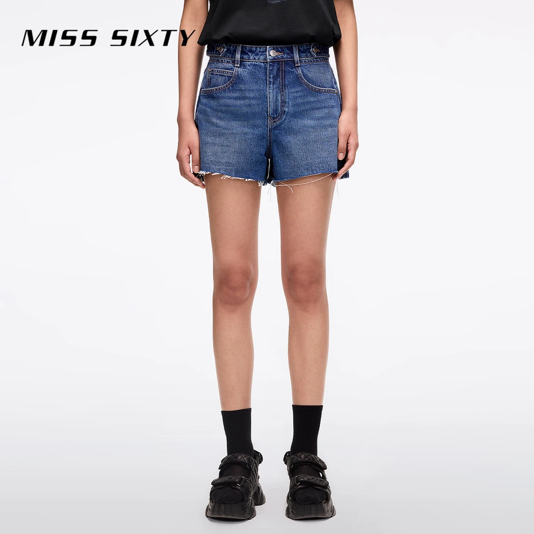 Miss Sixty2025夏季新款短牛仔裤女毛须边腰袢休闲直筒百搭复古风
