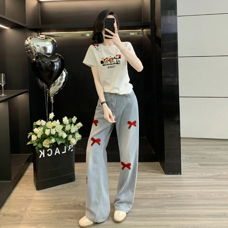 韩版夏季新款女潮流显瘦短袖高腰宽松阔腿牛仔长裤减龄时尚套装