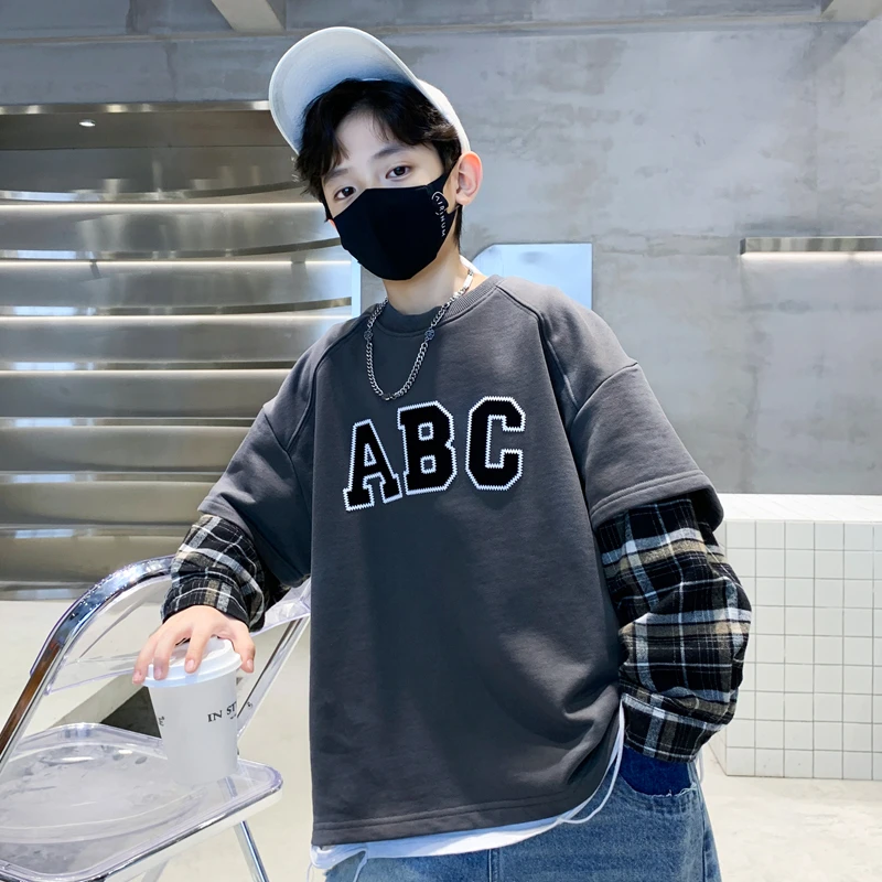 男童春季假两件卫衣潮牌2025新款儿童长袖体恤时髦男孩春秋款时髦