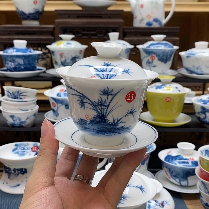 手绘兰花160盖碗釉下彩高温瓷微瑕福利款