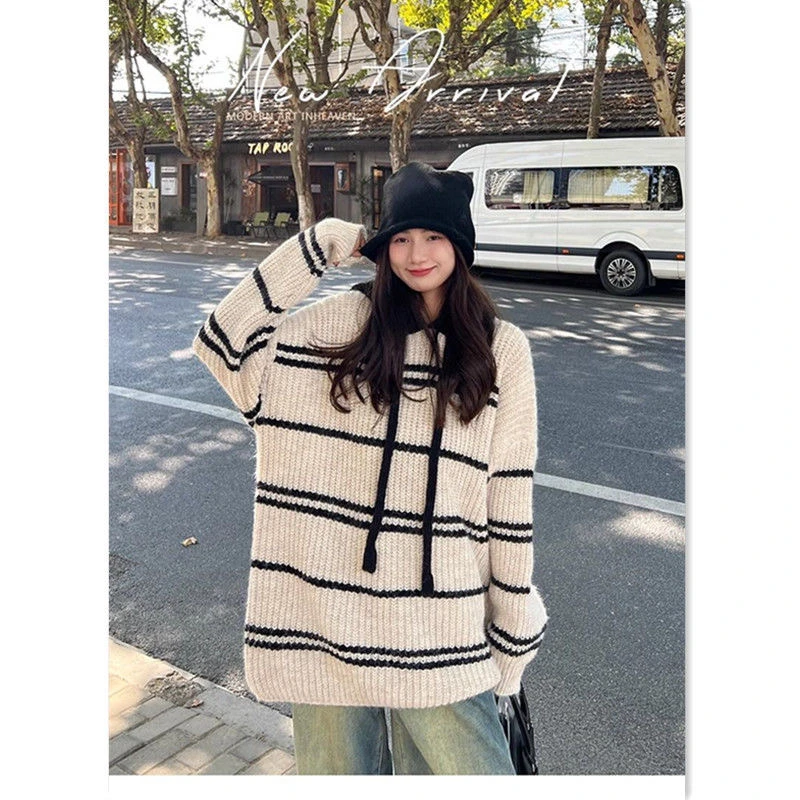 秋冬季日系撞色条纹连帽毛衣男女装慵懒风针织衫外套
