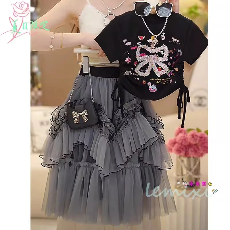 女童短袖半身裙套装2025夏款甜美T恤蝴蝶结卡通收腰上衣蛋糕纱裙8