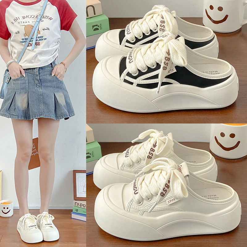 真皮厚底爆款包头半拖鞋女2025新款夏季外穿配裙子百搭休闲小白鞋