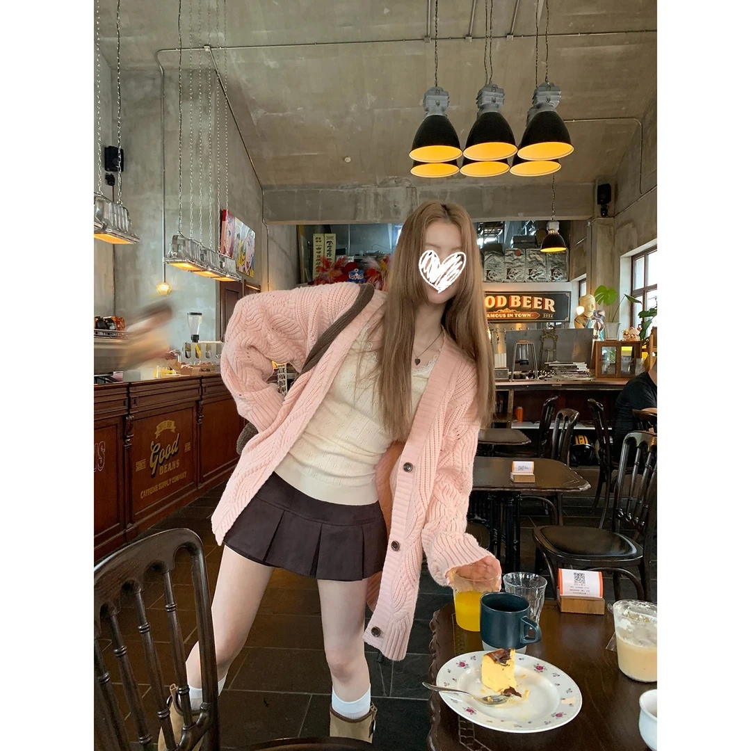 【粉童话】秋季ins气质温柔粗螺纹宽松V领针织衫HC-25052