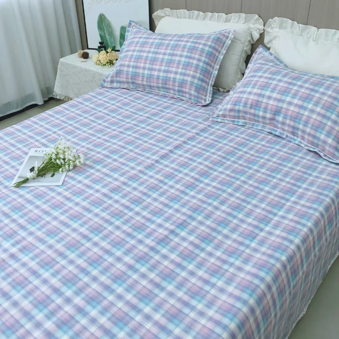 夏季必备加厚粗布（紫色学生格）床单款帆布凉席三件套防滑耐磨透气