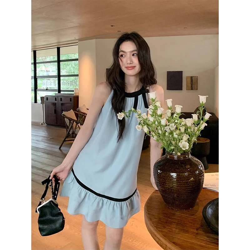 设计感撞色蝴蝶结挂脖连衣裙女夏季新款韩系chic气质显瘦a字短裙