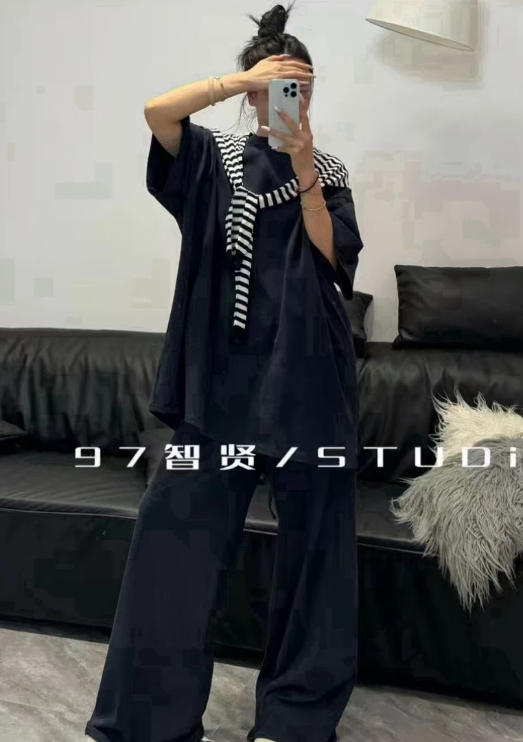 夏季慵懒风短袖上衣搭披肩长裤套装