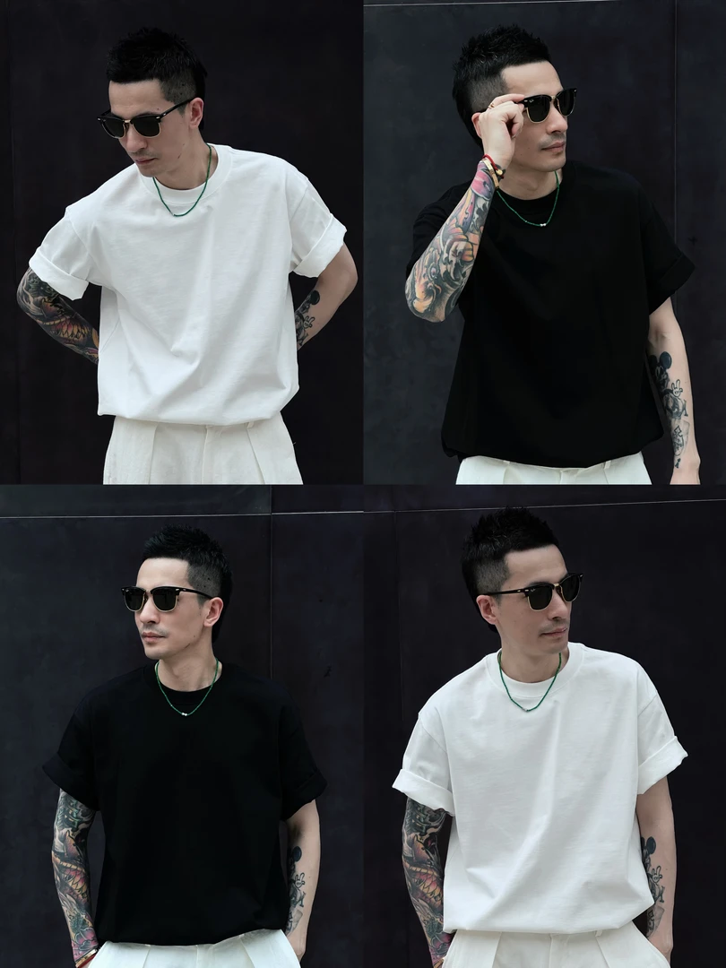 【AWEI】290克重磅美式ins圆领落肩男女同款简约宽松夏季内搭T恤