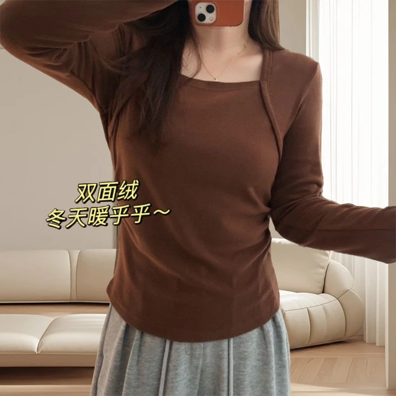 大码200斤设计感方领正肩减龄纯色修身显瘦百搭秋冬长袖t恤女上衣
