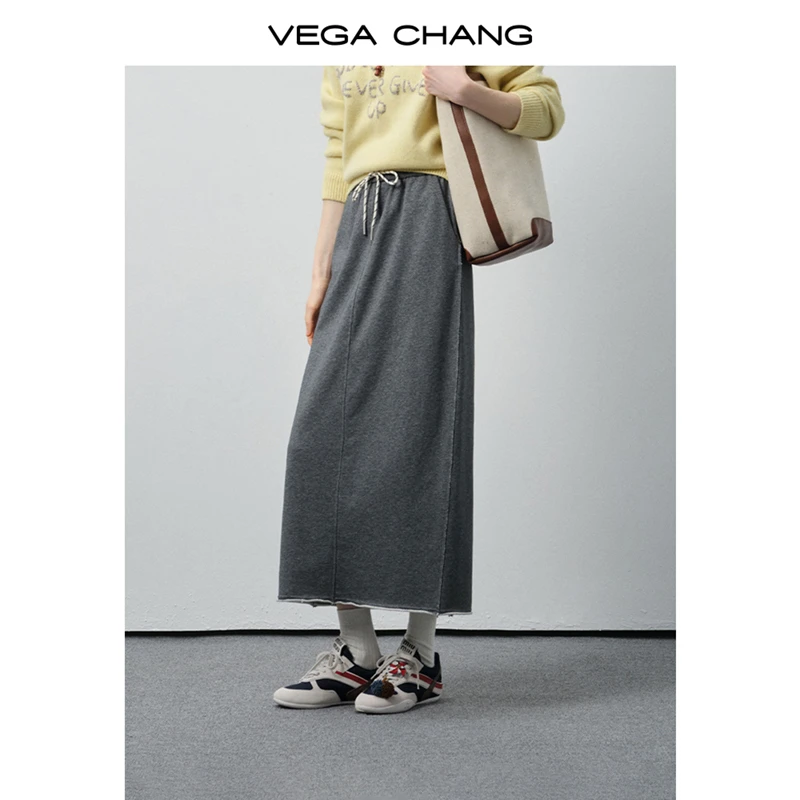 VEGA CHANG半身裙女2025新款秋季灰色慵懒垂坠简约日常通勤针织裙