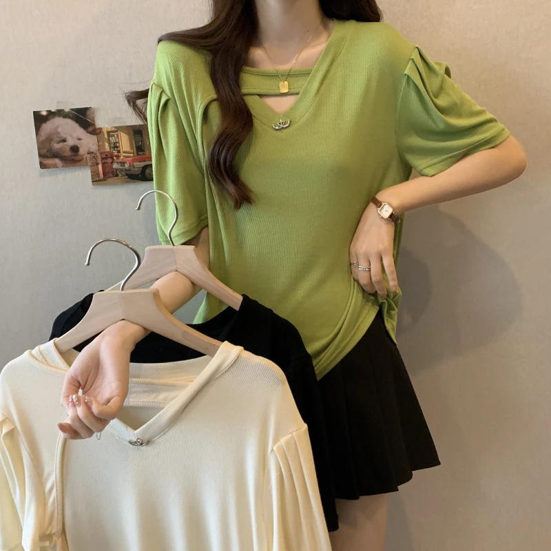 3667大码装胖妹妹设计感小众镂空别致收腰显瘦遮肚减龄上衣3027