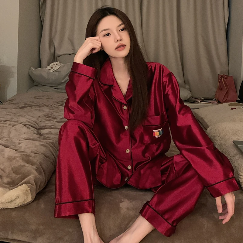 长袖冰丝睡衣女春秋夏季纯欲薄款纯色简约学生宿舍家居服套装外穿