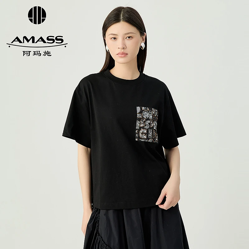 阿玛施AMASS 休闲造型质感胸前口袋亮片钉珠设计圆领T恤530088