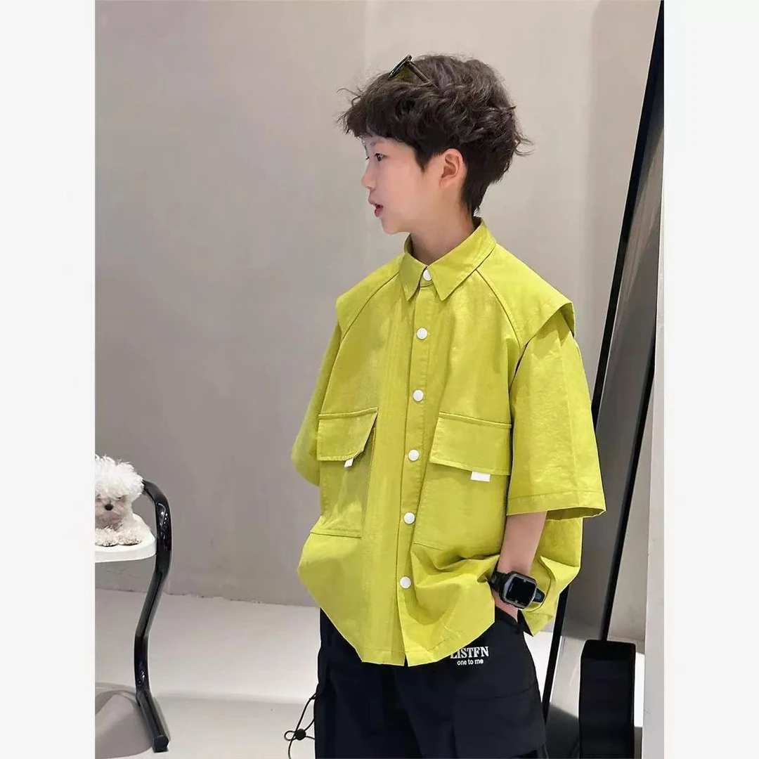 男童短袖衬衫2025夏季新款中大童中袖衬衣儿童上衣外套男孩潮韩版