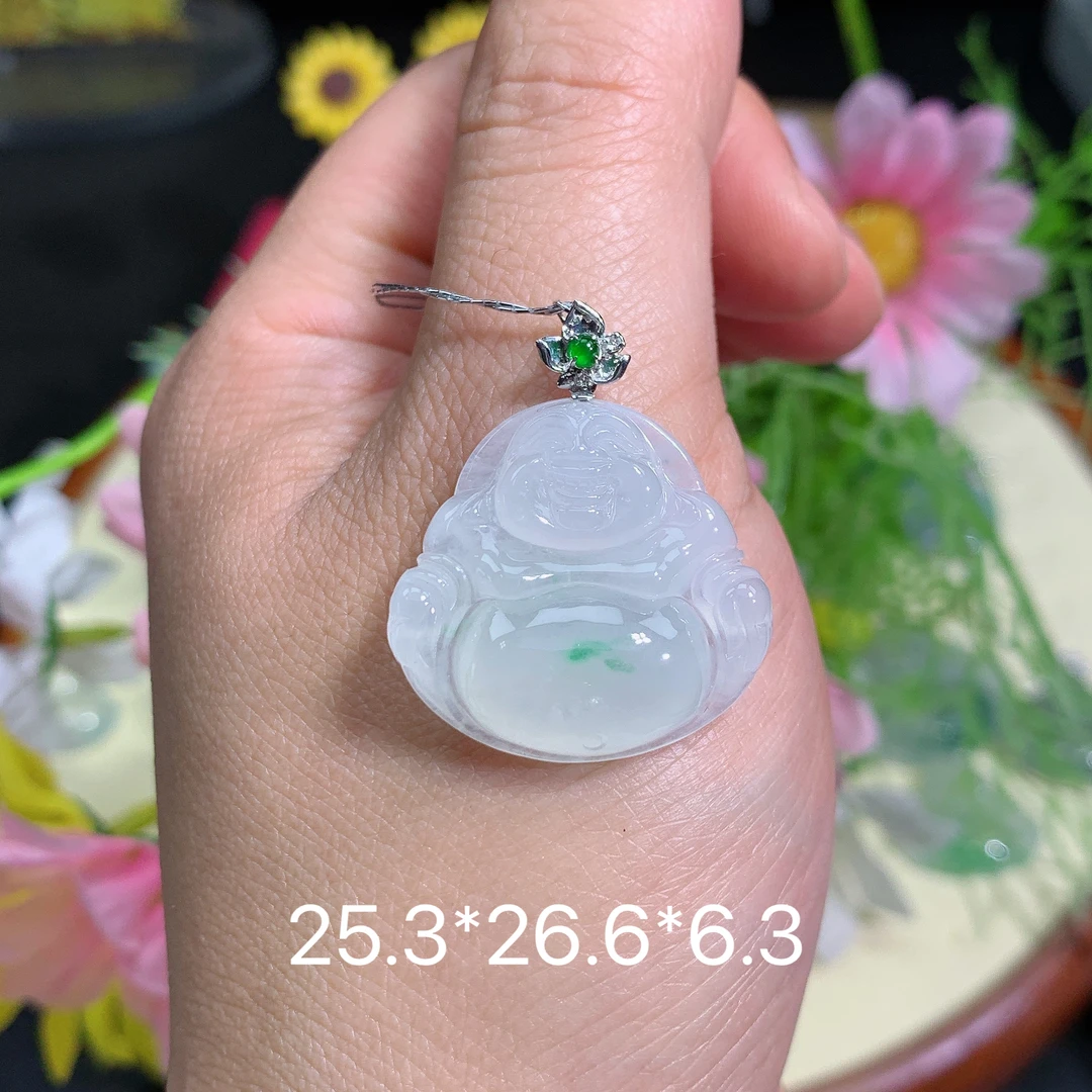 缅甸翡翠A货冰种飘绿佛公喜挂件水润百搭精冰气雕刻气质妈妈绿色