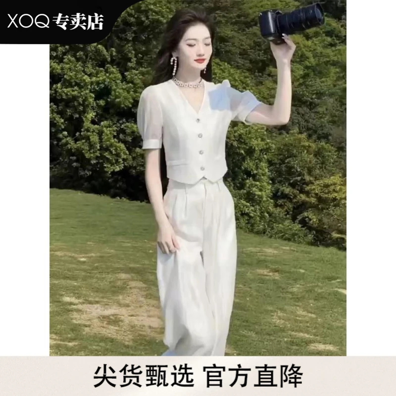 XOQ2025夏季网红新款时尚套装女法式V领泡泡袖通勤短上衣显瘦裤子