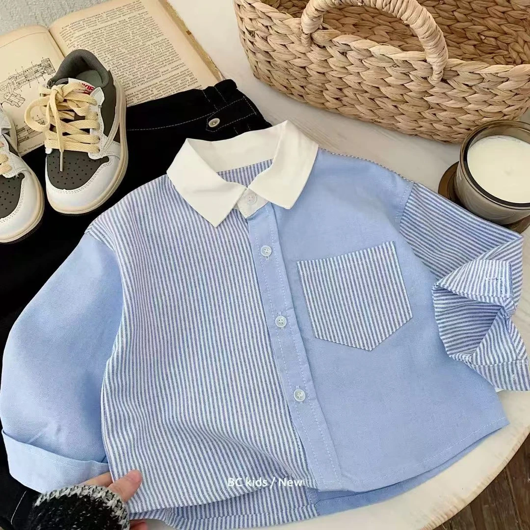 子航同款 春季新款儿童韩版条纹拼接衬衫H0109