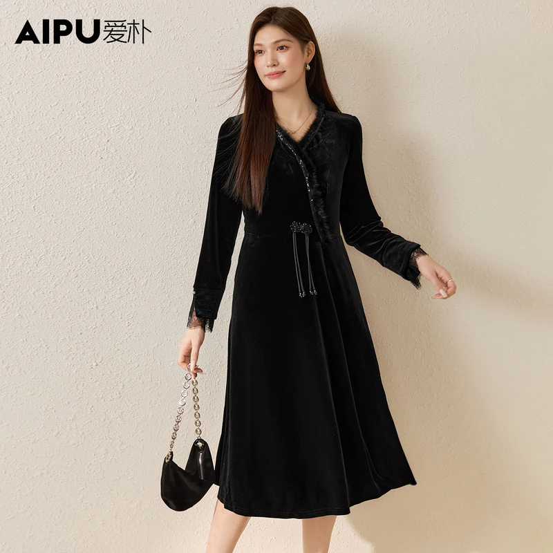 爱朴大码女装秋季新款洋气时尚显瘦高级感气质显瘦连衣裙女21997