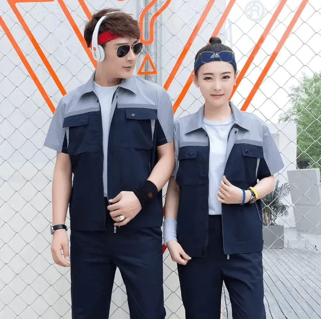 夏季拼色耐磨耐脏工作服汽修服工作制服透气薄款电工环卫短袖