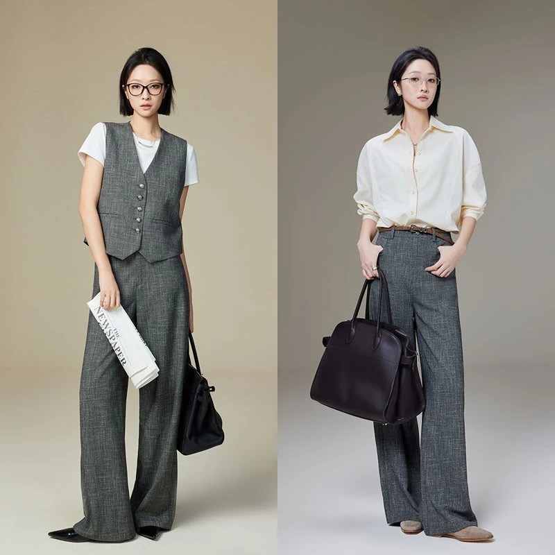 美洋MEIYANG 主编套装 精英大女主~粗花编织V领短款马甲直筒西裤R