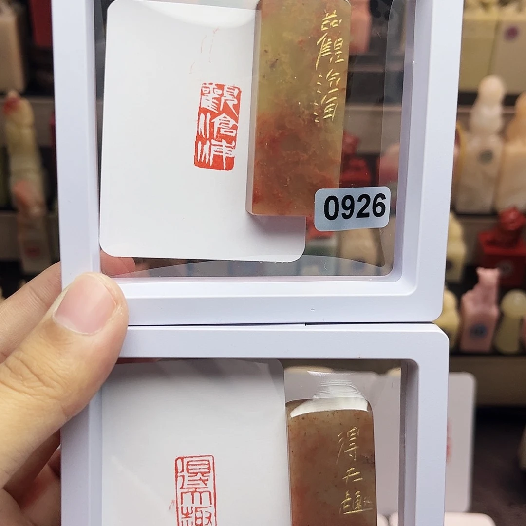寿山石印石1×2观沧海，得天趣 一组两个 手工篆刻