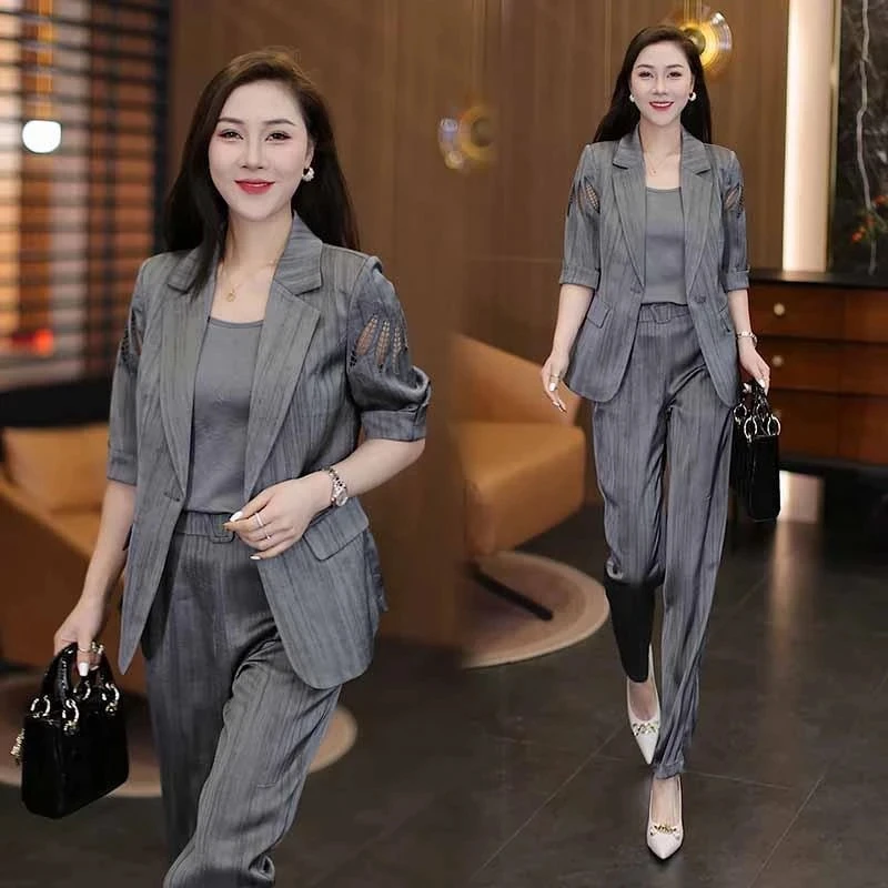 韩版西装套装女2025夏新款气质减龄洋气镂空外套背心直筒裤三件套