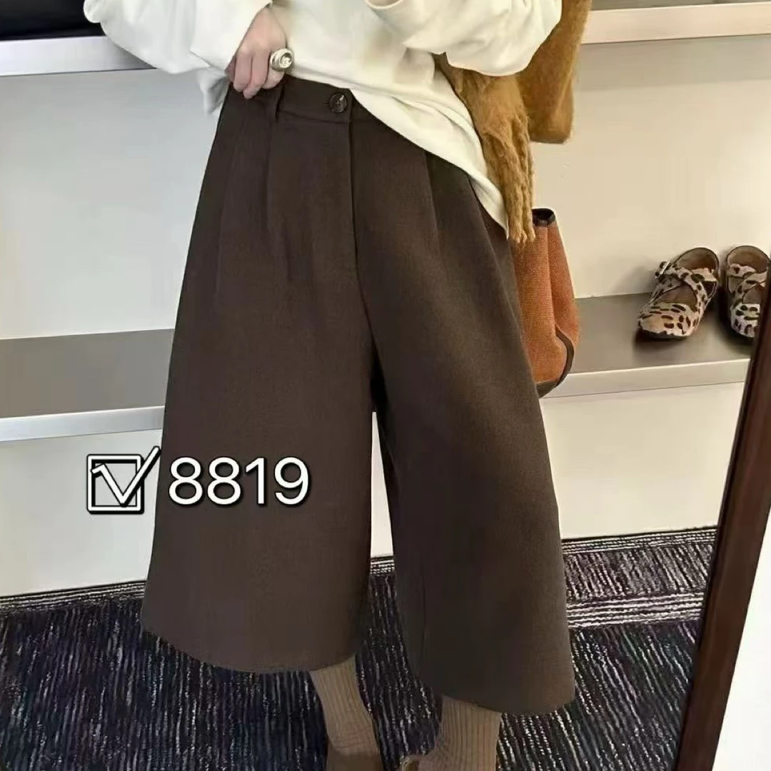 秋冬新款简约百搭高腰显瘦毛呢八分阔腿女裤