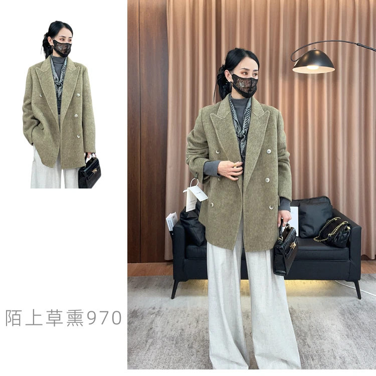 "陌上草熏"韩版短款小个子西装版双排扣秋冬双面羊毛大衣外套970