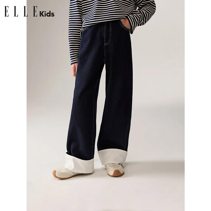 ELLE KIDS 法式经典脚口宽折边撞色线松弛感牛仔直筒裤复古宽松Q1