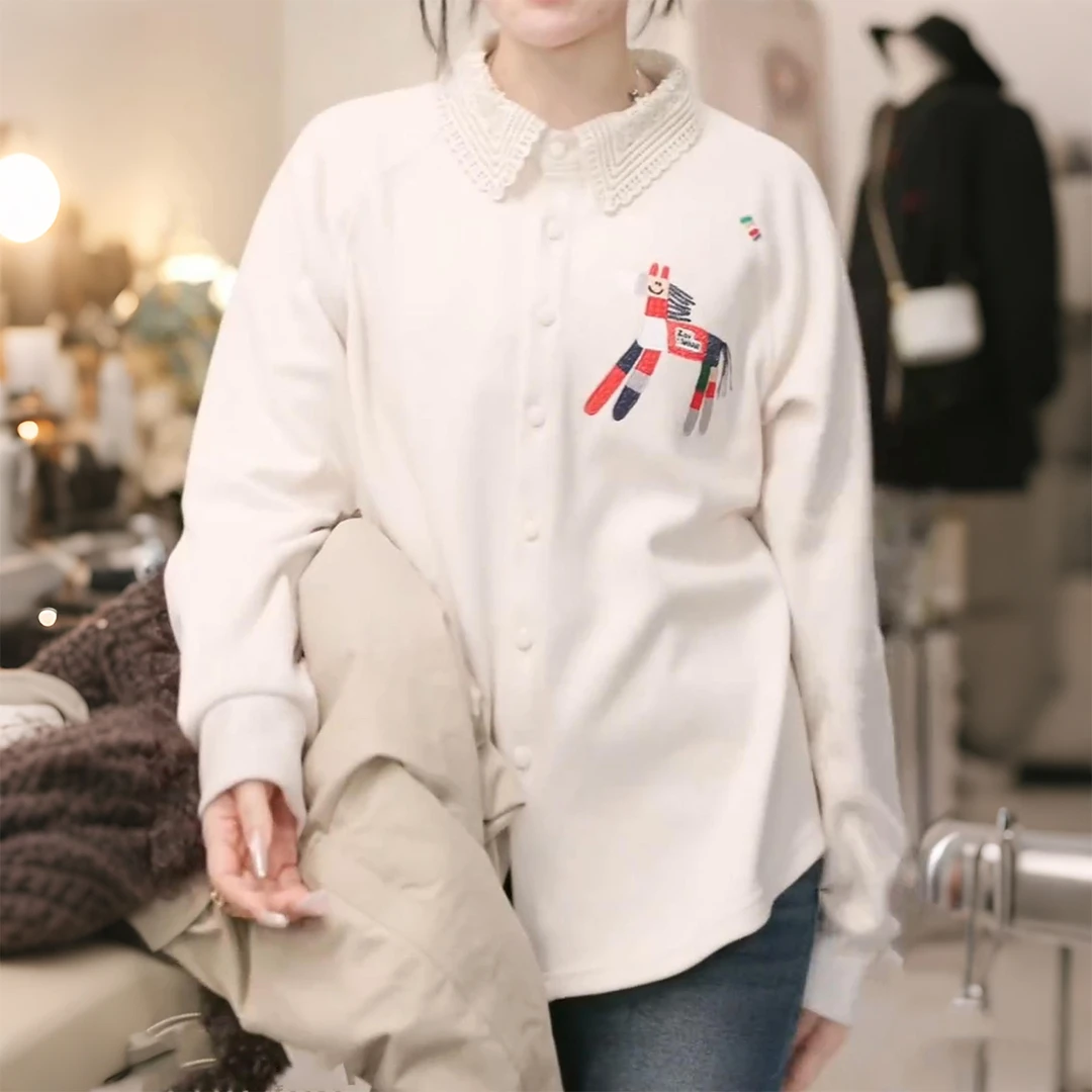 今年流行钩花翻领单排扣衬衫女士秋冬季新款宽松好看时尚洋气上衣