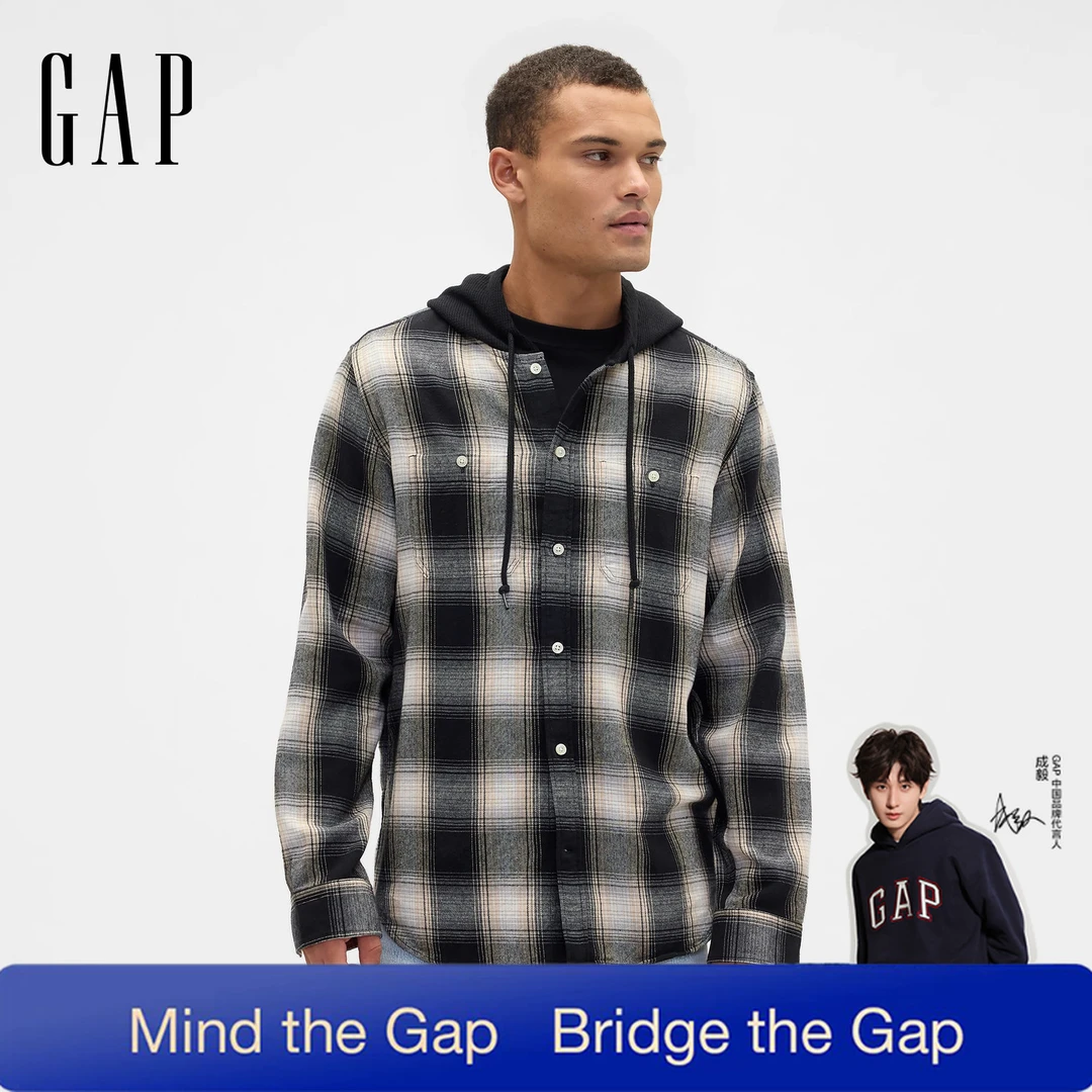 【成毅代言】Gap男女冬季法兰绒拼接连帽长袖格子衬衫美版799402