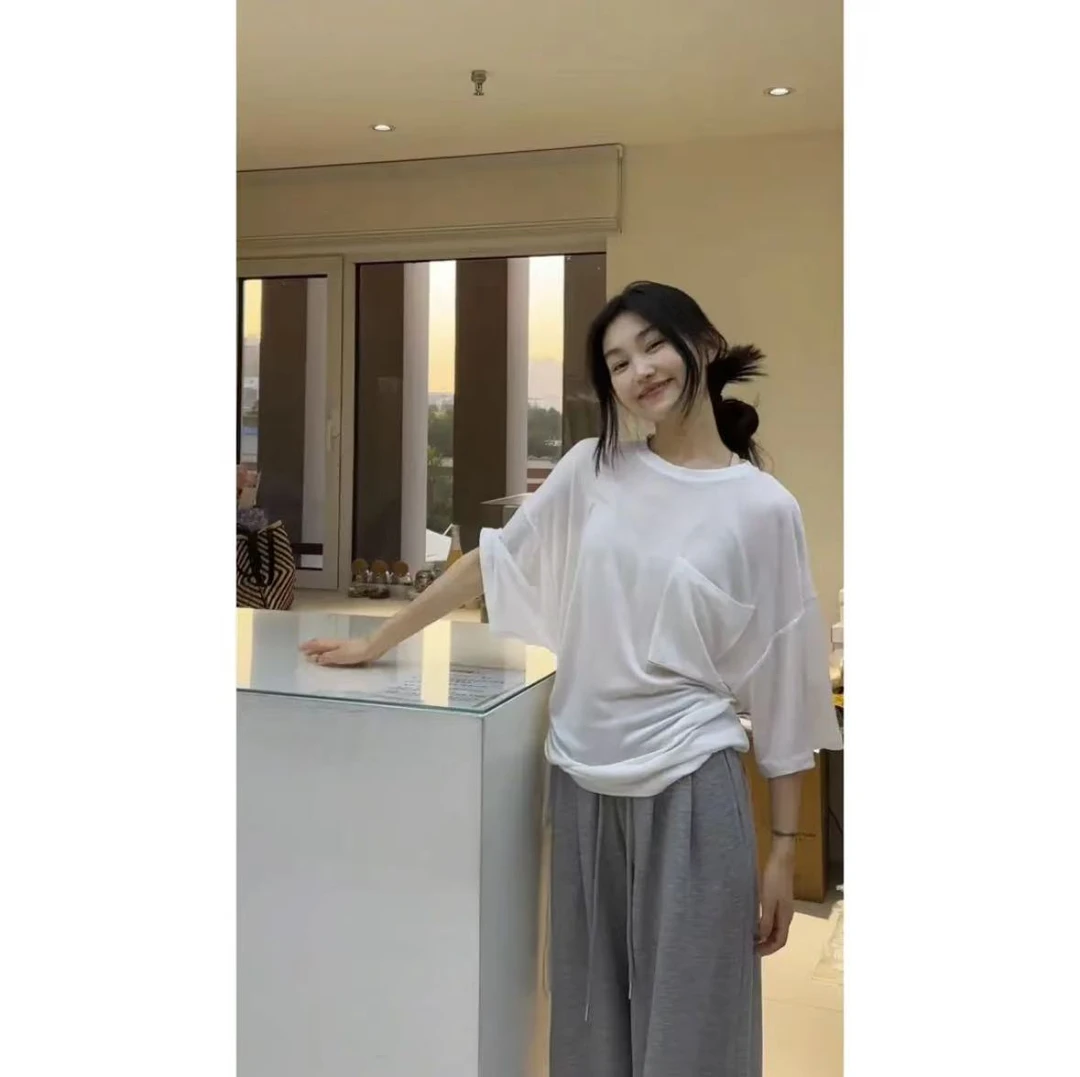 T恤叛逆风长袖防晒抽褶拼接慵懒风松弛感穿搭微透防晒上衣休闲裤