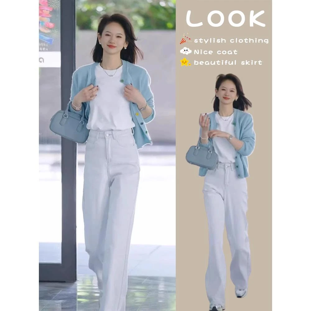 春季穿搭一整套盐系轻熟减龄欧货独特漂亮时尚蓝色针织衫两件套装