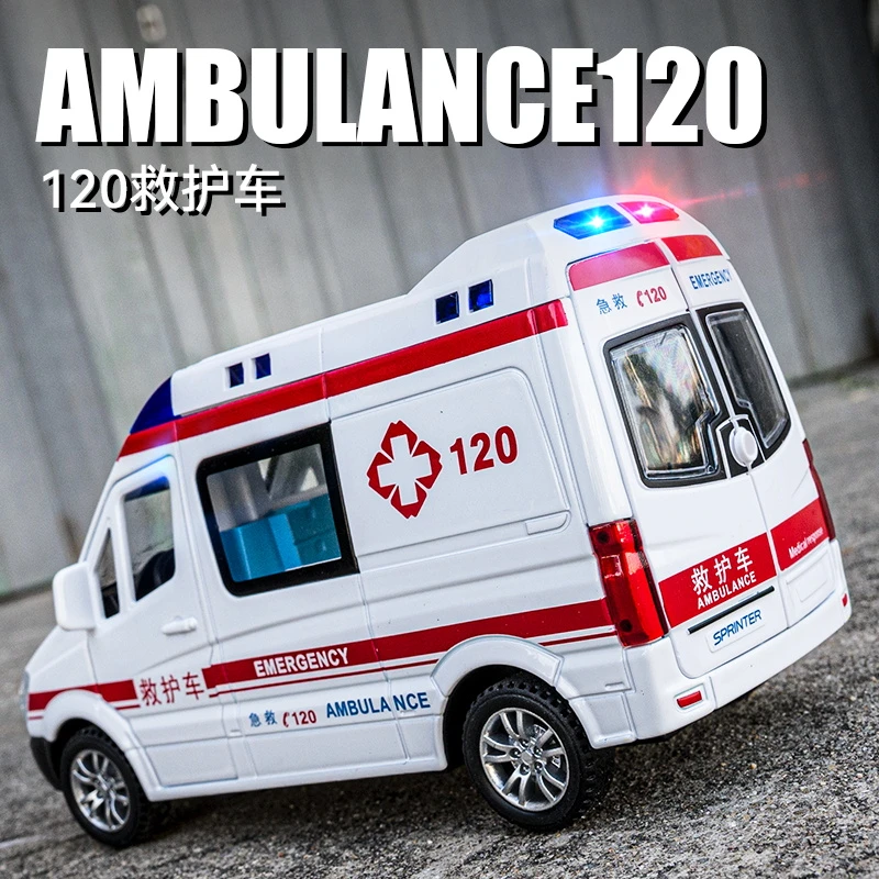 1/32奔驰救护车仿真合金汽车模型声光回力担架带人偶玩具