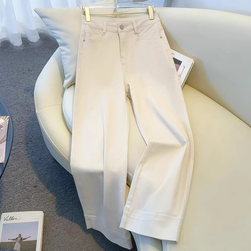 米白色牛仔直筒裤女春秋季2025新款高级感减龄小个子窄版阔腿裤子