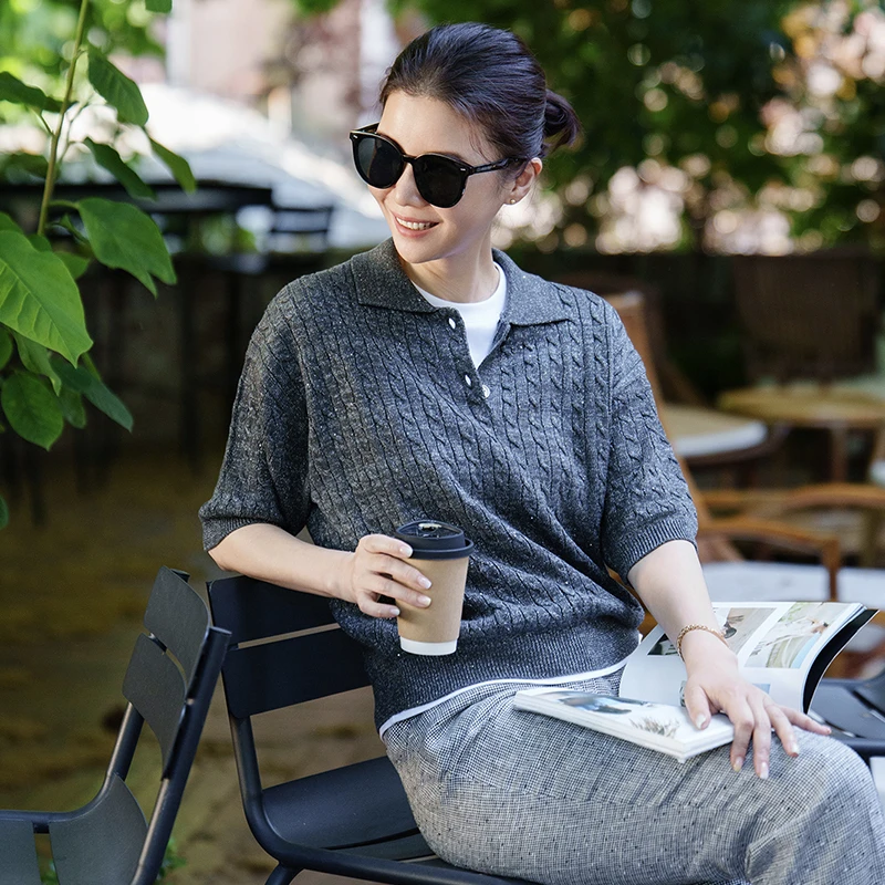 VESSI 金社长“星芒织梦”BC天丝亚麻老钱风亮片肌理Polo针织衫