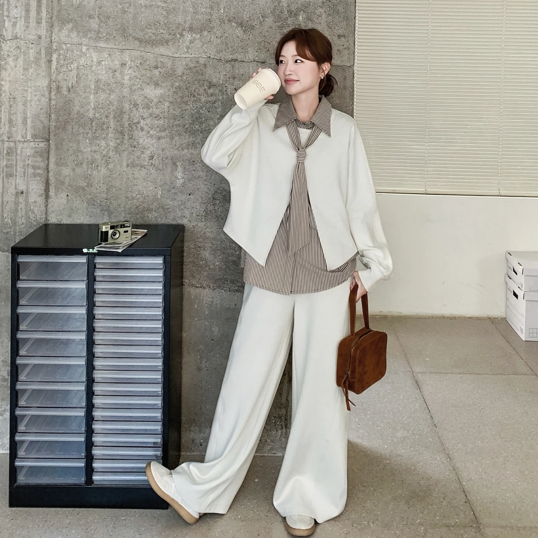 韩系慵懒松弛感穿搭条纹马甲套装女2025秋季休闲上衣阔腿裤三件套