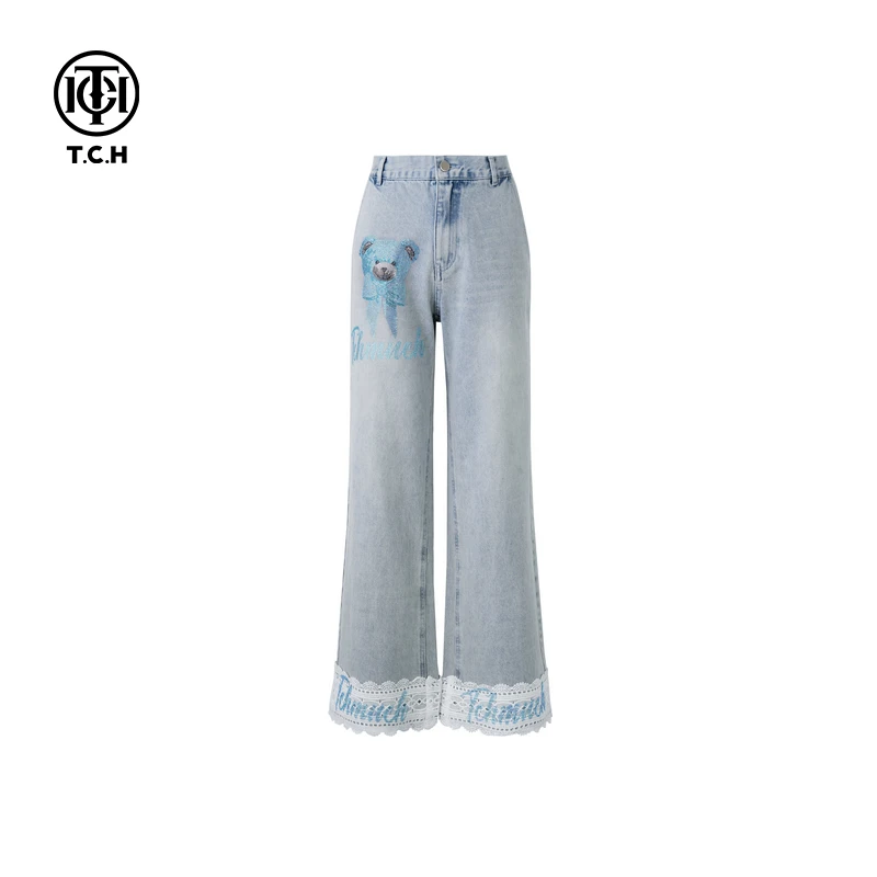-TCH新款2025烫钻蓝色小熊牛仔裤T750E5086
