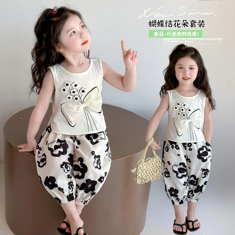 女童休闲夏季薄款蝴蝶结休闲风套装小童洋气童装夏装印花两件套
