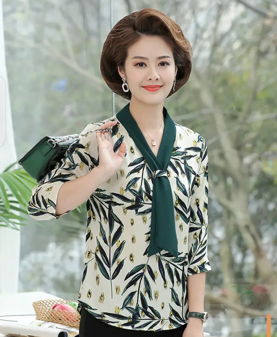 2025新款妈妈装新款夏圆领七分袖雪纺衫中年女时尚大码T恤上衣